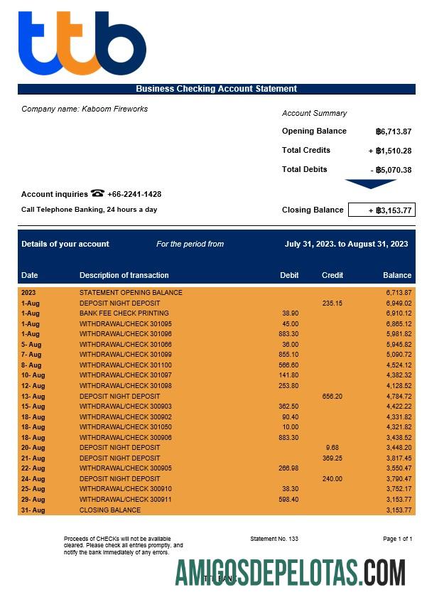 Realista TTB Bank Extrato de conta corrente corporativa modelo Word e PDF